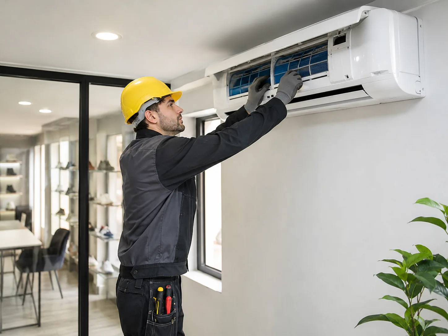 Technician servicing an air conditioning unit in a commercial setting